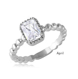 .925 Sterling Silver April Rhodium Plated Beaded Shank Square Center Birthstone Ring, <b>size: 5</b>