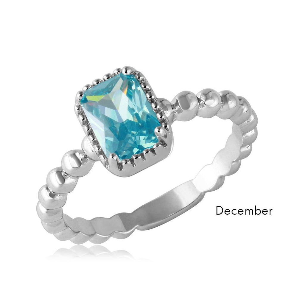 .925 Sterling Silver December Rhodium Plated Beaded Shank Square Center Birthstone Ring, <b>size: 5</b>