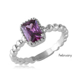 .925 Sterling Silver February Rhodium Plated Beaded Shank Square Center Birthstone Ring, <b>size: 5</b>