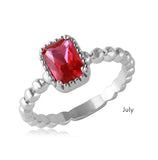 .925 Sterling Silver July Rhodium Plated Beaded Shank Square Center Birthstone Ring, <b>size: 5</b>