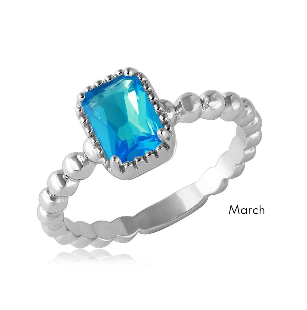 .925 Sterling Silver March Rhodium Plated Beaded Shank Square Center Birthstone Ring, <b>size: 5</b>