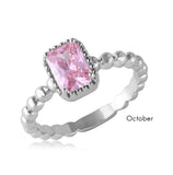 .925 Sterling Silver October Rhodium Plated Beaded Shank Square Center Birthstone Ring, <b>size: 5</b>