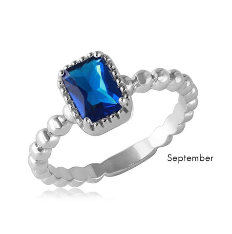 .925 Sterling Silver September Rhodium Plated Beaded Shank Square Center Birthstone Ring, <b>size: 5</b>