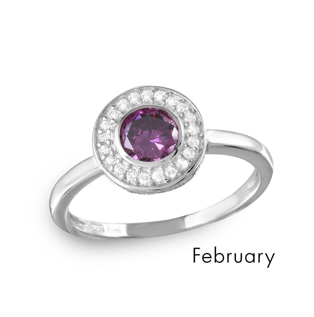 .925 Sterling Silver February Rhodium Plated Cz Center Birthstone Halo Ring, <b>size: 5</b>