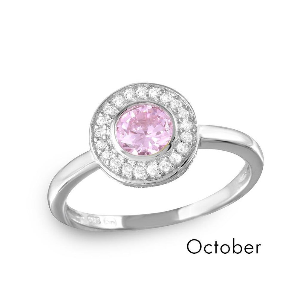 .925 Sterling Silver October Rhodium Plated Cz Center Birthstone Halo Ring, <b>size: 5</b>