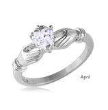 .925 Sterling Silver April Rhodium Plated Cz Center Birthstone Claddagh Ring, <b>size: 5</b>