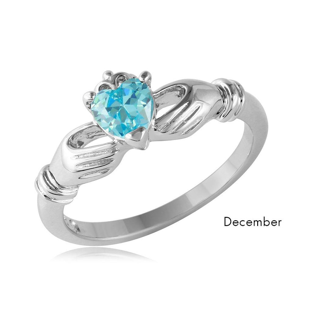 .925 Sterling Silver December Rhodium Plated Cz Center Birthstone Claddagh Ring, <b>size: 5</b>