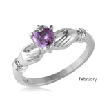 .925 Sterling Silver February Rhodium Plated Cz Center Birthstone Claddagh Ring, <b>size: 5</b>