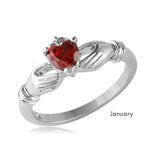 .925 Sterling Silver January Rhodium Plated Cz Center Birthstone Claddagh Ring, <b>size: 5</b>