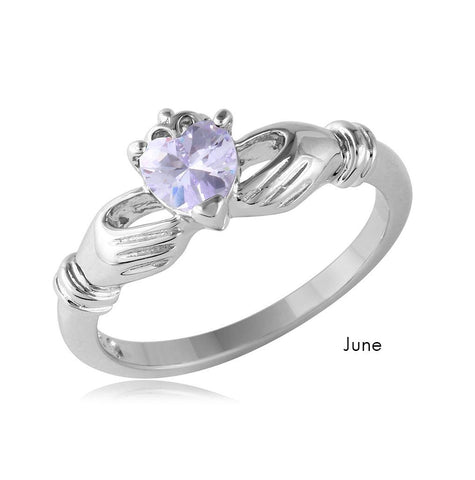 .925 Sterling Silver June Rhodium Plated Cz Center Birthstone Claddagh Ring, <b>size: 5</b>