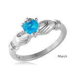 .925 Sterling Silver March Rhodium Plated Cz Center Birthstone Claddagh Ring, <b>size: 5</b>