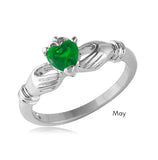 .925 Sterling Silver May Rhodium Plated Cz Center Birthstone Claddagh Ring, <b>size: 5</b>