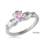 .925 Sterling Silver October Rhodium Plated Cz Center Birthstone Claddagh Ring, <b>size: 5</b>