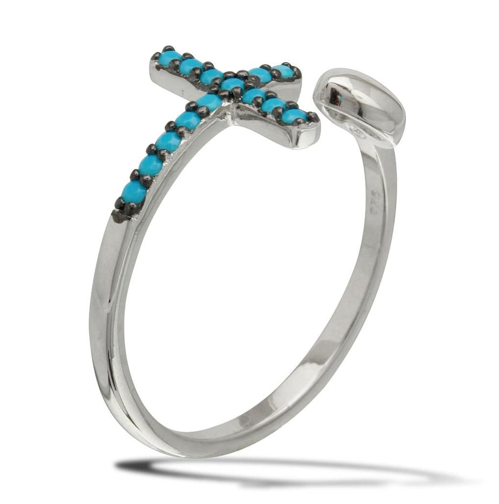 .925 Sterling Silver Rhodium Plated Heart & Cross Open Ring With Turquoise Beads, <b>size: 5</b>