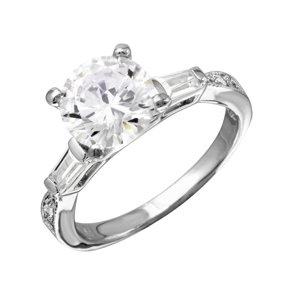 .925 Sterling Silver Rhodium Plated Round Center Baguette Shank Cz Stone Bridal Ring, <b>size: 5</b>