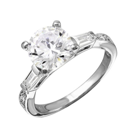 .925 Sterling Silver Rhodium Plated Round Center Baguette Shank Cz Stone Bridal Ring, <b>size: 5</b>