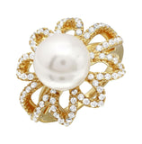 .925 Sterling Silver Gold Plated Open Cz Flower Ring With Synthetic Center Pearl, <b>size: 5</b>