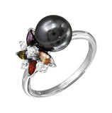 .925 Sterling Silver Rhodium Plated Multi Color Cz Flower Ring With Black Synthetic Pearl, <b>size: 5</b>