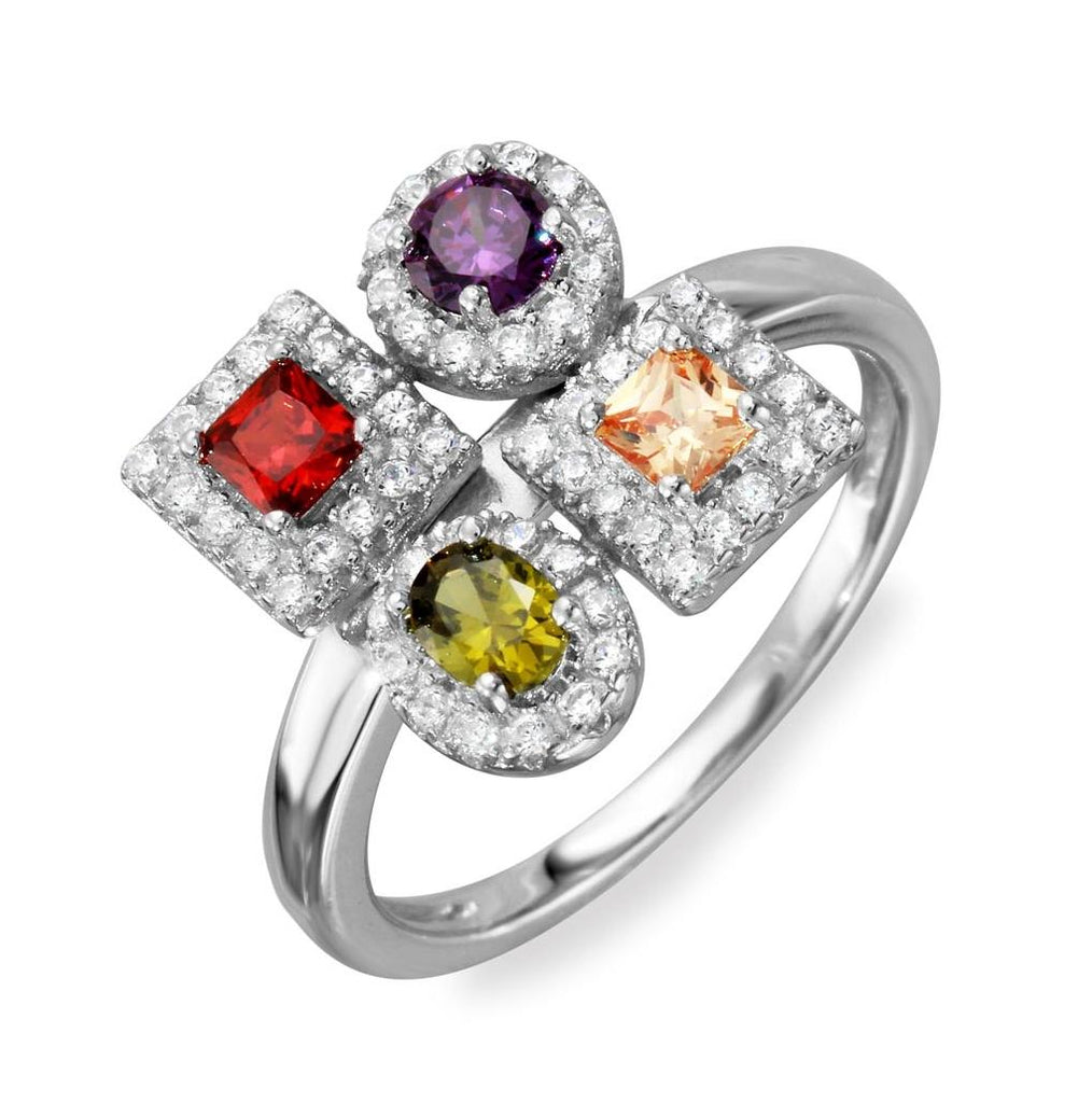 .925 Sterling Silver Rhodium Plated Multi Color 4 Design Ring, <b>size: 5</b>