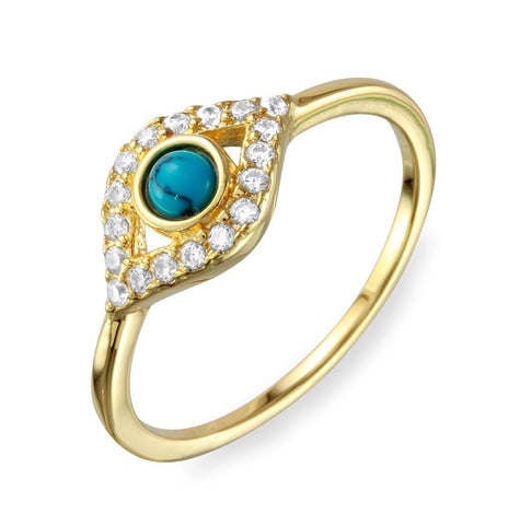 .925 Sterling Silver Gold Plated Evil Eye Cz Ring With Turquoise Bead, <b>size: 5</b>