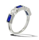 .925 Sterling Silver Rhodium Plated Alternating Blue Rectangle & Clear Round Cz Ring, <b>size: 5</b>