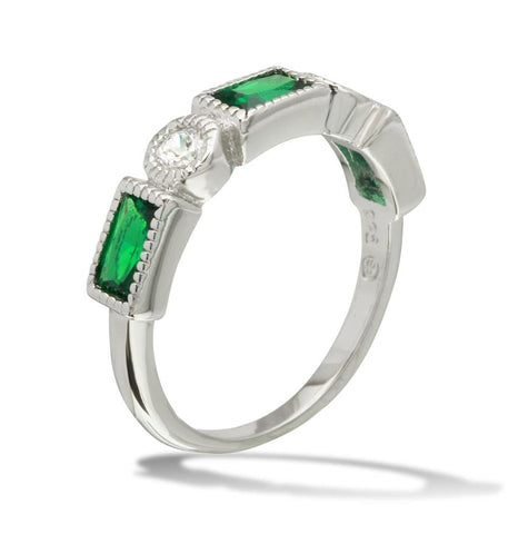 .925 Sterling Silver Rhodium Plated Alternating Green Rectangle & Clear Round Cz Ring, <b>size: 5</b>