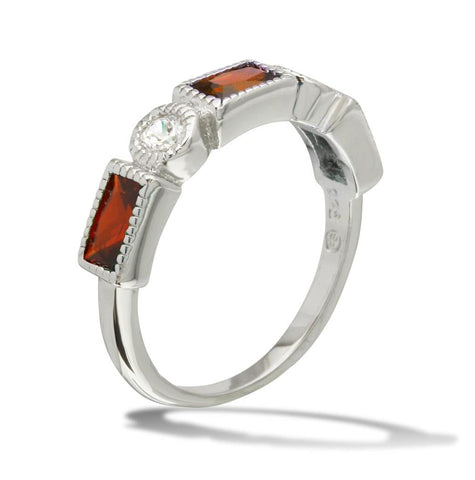 .925 Sterling Silver Rhodium Plated Alternating Red Rectangle & Clear Round Cz Ring, <b>size: 5</b>