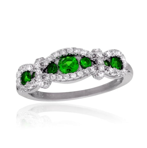 .925 Sterling Silver Rhodium Plated Knotted Green Cz Ring, <b>size: 5</b>