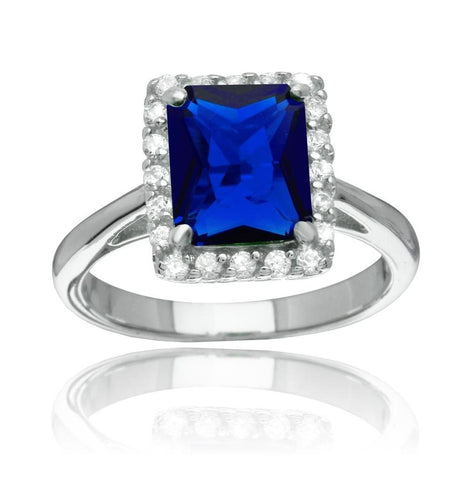 .925 Sterling Silver Rhodium Plated Square Blue Cz Halo Ring, <b>size: 5</b>