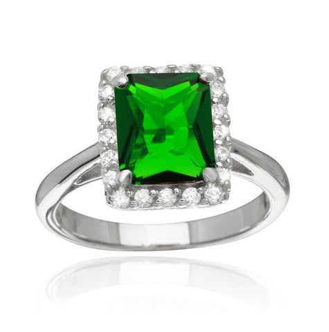 .925 Sterling Silver Rhodium Plated Square Green Cz Halo Ring, <b>size: 5</b>