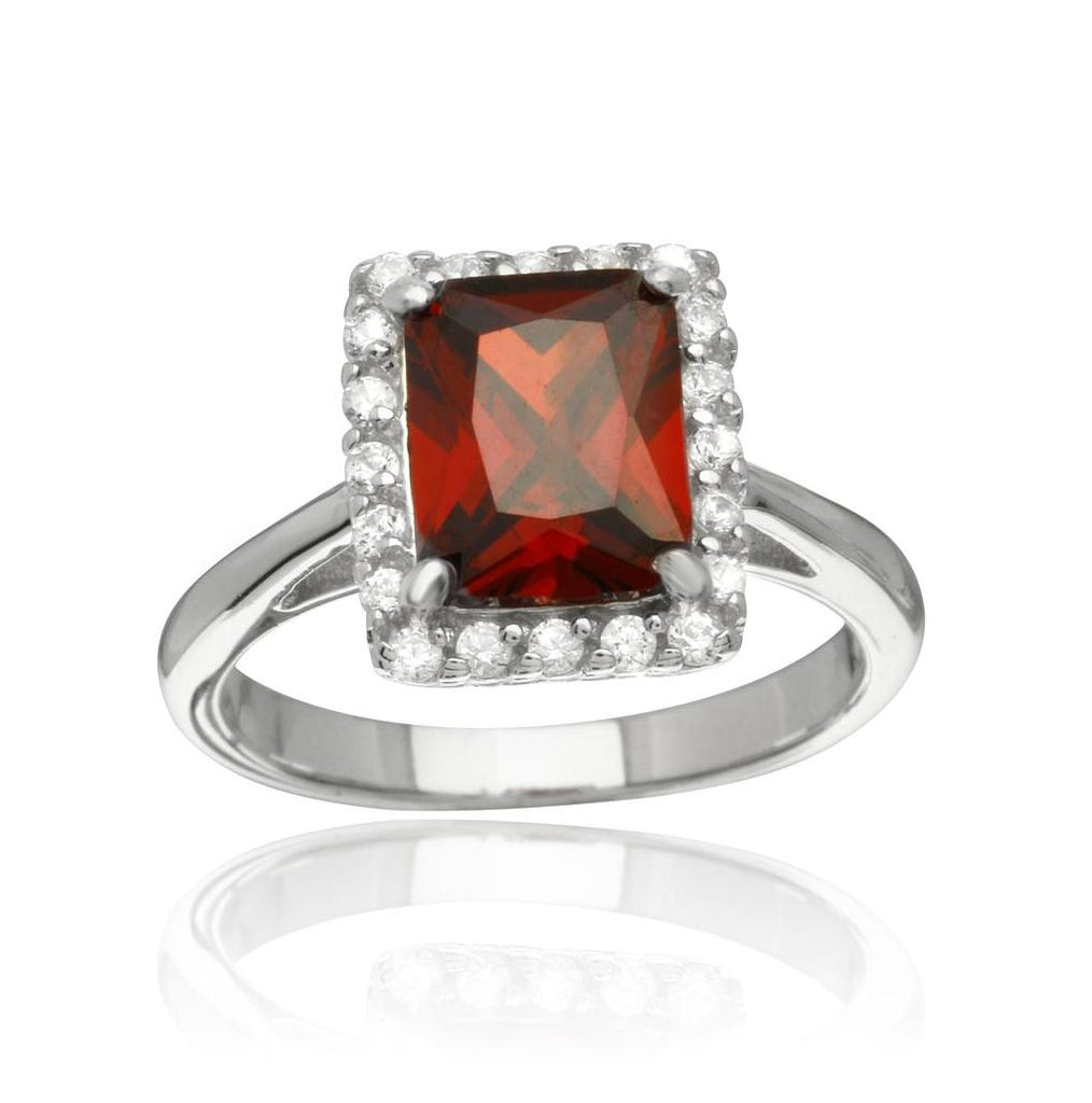 .925 Sterling Silver Rhodium Plated Square Red Cz Halo Ring, <b>size: 5</b>