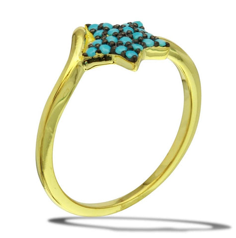 .925 Sterling Silver Gold Plated Star Ring With Turquoise Beads, <b>size: 5</b>