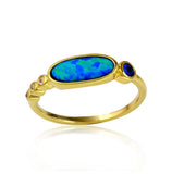 .925 Sterling Silver Gold Plated Blue Opal Ring With Blue & Clear Round Cz, <b>size: 5</b>