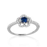 .925 Sterling Silver Rhodium Plated Clover Micropave Ring With Blue Center Cz & Clear Round Cz, <b>size: 5</b>