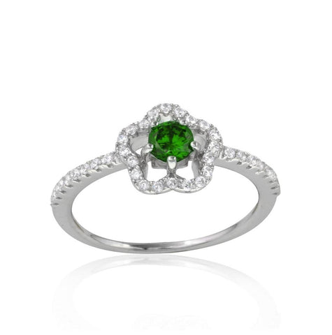 .925 Sterling Silver Rhodium Plated Clover Micropave Ring With Green Center Cz & Clear Round Cz, <b>size: 5</b>