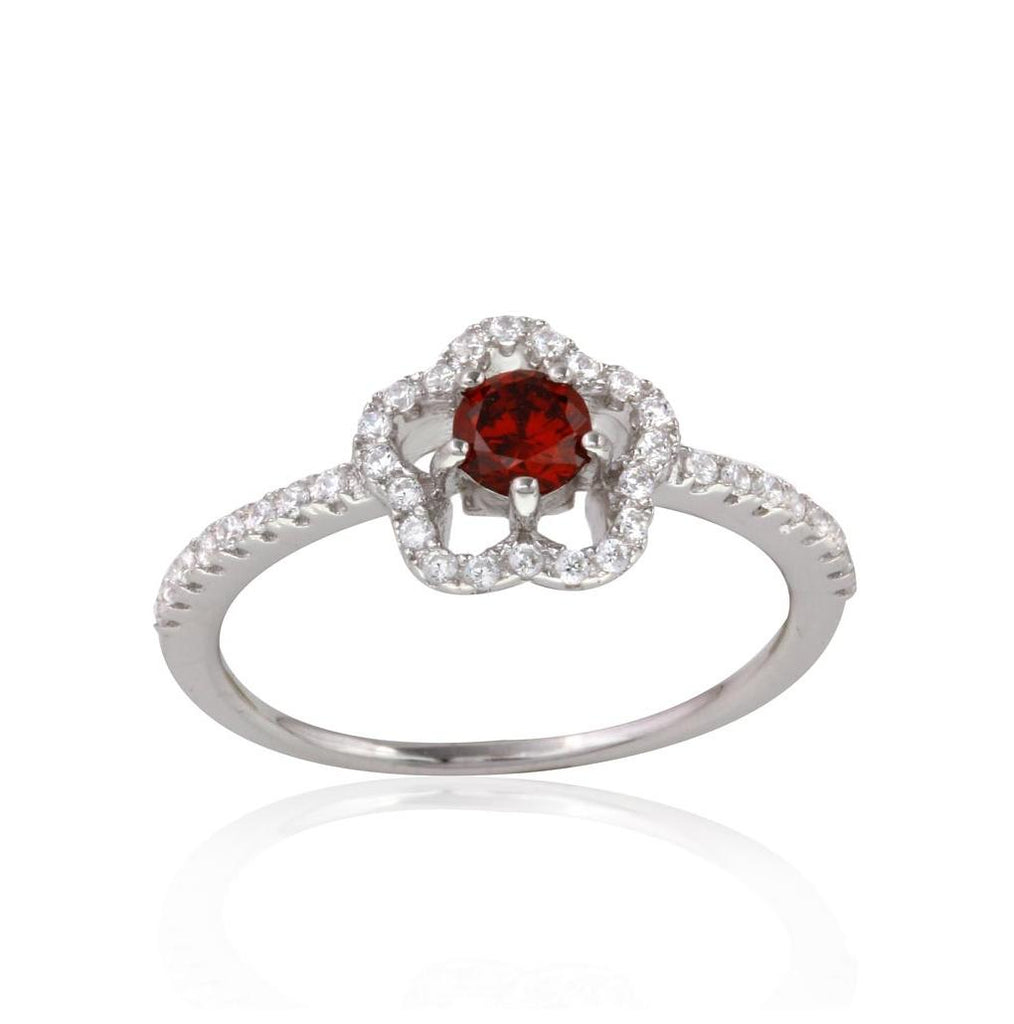 .925 Sterling Silver Rhodium Plated Clover Micropave Ring With Red Center Cz & Clear Round Cz, <b>size: 5</b>