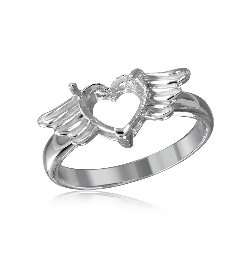 .925 Sterling Silver Rhodium Plated Heart With Wings Mounting Ring, <b>size: 5</b>