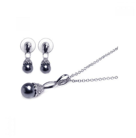 .925 Sterling Silver Rhodium Plated Black Pearl Clear Cz Dangling Stud Earring & Dangling Necklace Set