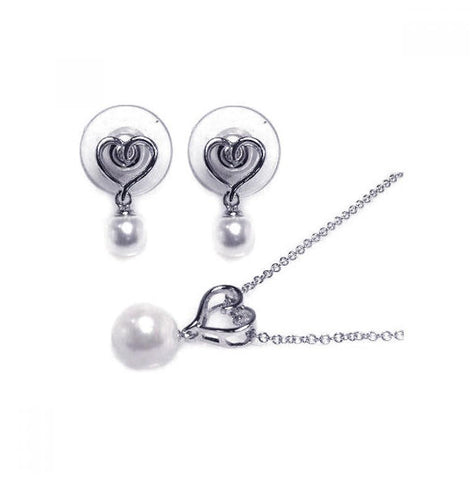 .925 Sterling Silver Rhodium Plated White Pearl & Heart Dangling Stud Earring & Necklace Set