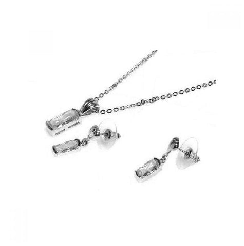 .925 Sterling Silver Rhodium Plated Clear Baguette Cz Dangling Stud Earring & Dangling Necklace Set Bgs00007