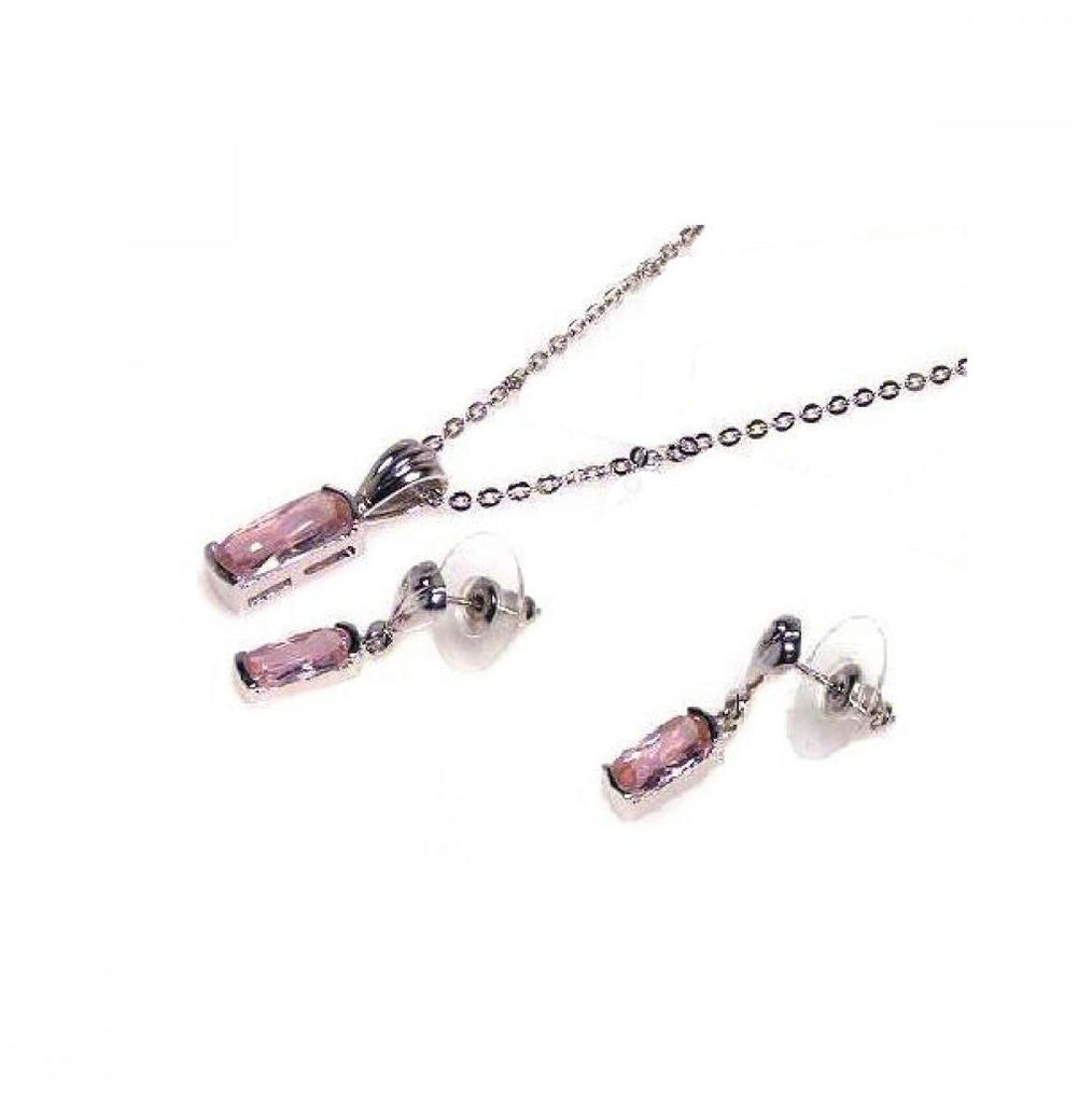 .925 Sterling Silver Rhodium Plated Pink Baguette Cz Dangling Stud Earring & Dangling Necklace Set Bgs00007