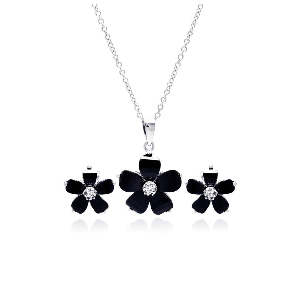 .925 Sterling Silver Rhodium Plated Black Flower & Clear Cz Stud Earring & Dangling Necklace Set