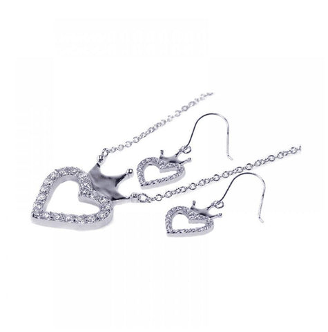 .925 Sterling Silver Rhodium Plated Clear Open Heart & Crown Cz Hook Earring & Necklace Set