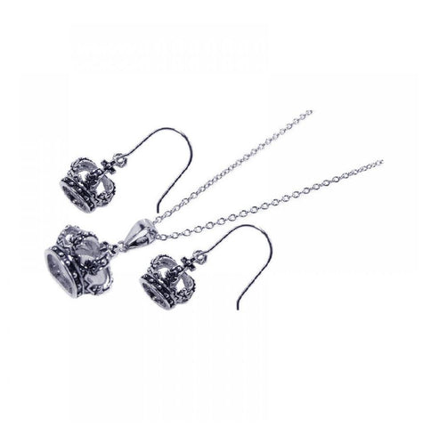 .925 Sterling Silver Oxidized Rhodium Plated Crown Hook Earring & Dangling Necklace Set