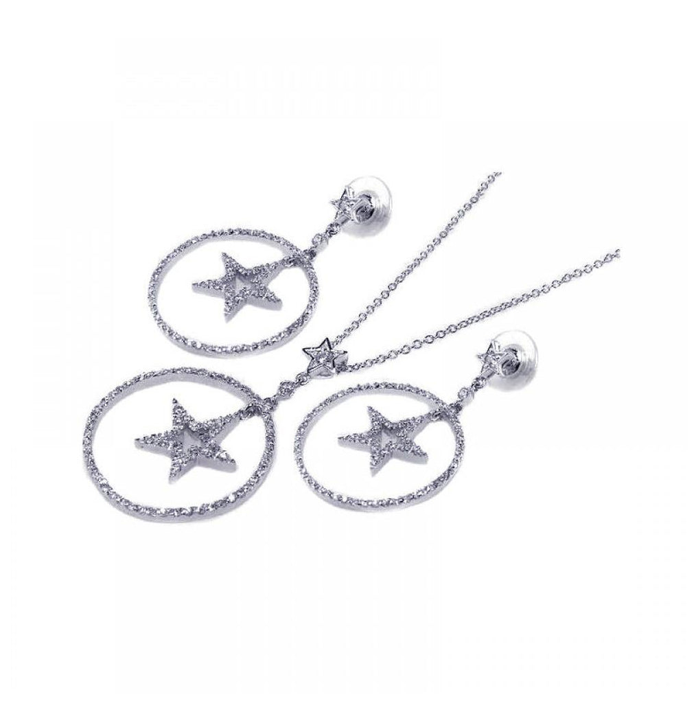 .925 Sterling Silver Rhodium Plated Clear Open Circle Star Cz Dangling Stud Earring & Dangling Necklace Set