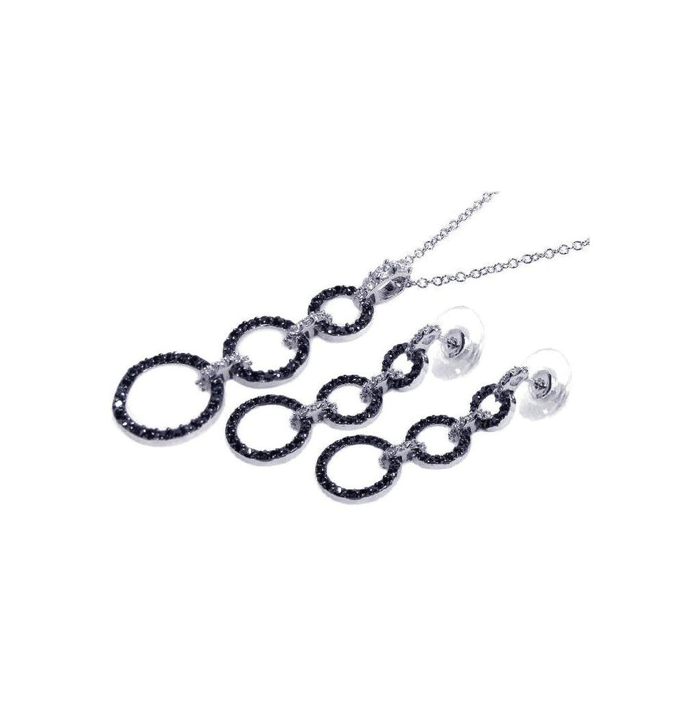 .925 Sterling Silver Rhodium & Black Rhodium Plated Clear & Black Open Circle Cz Dangling Stud Earring & Dangling Necklace Set