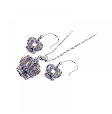 .925 Sterling Silver Rhodium Plated Multi Colored Crown Cz Hook Earring & Dangling Necklace Set