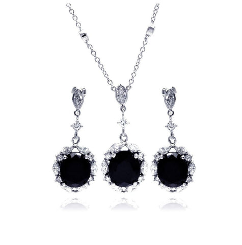 .925 Sterling Silver Rhodium Plated Black & Clear Flower Cz Dangling Stud Earring & Dangling Necklace Set