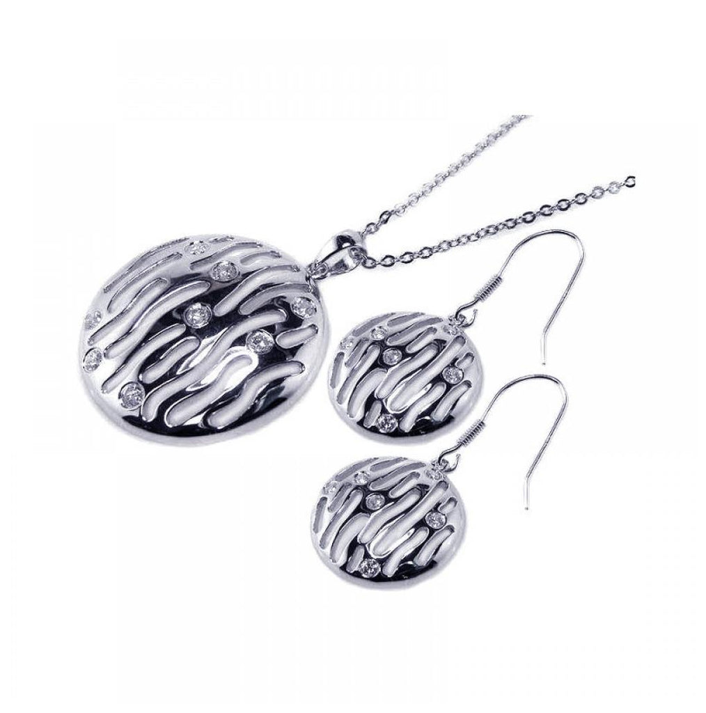 .925 Sterling Silver Rhodium Plated Round Open Zebra Stripe Clear Cz Hook Earring & Dangling Necklace Set