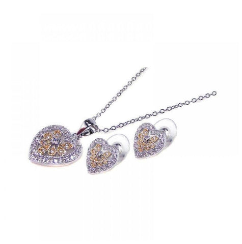 .925 Sterling Silver Rhodium Plated Multi Colored Heart Cz Stud Earring & Dangling Necklace Set